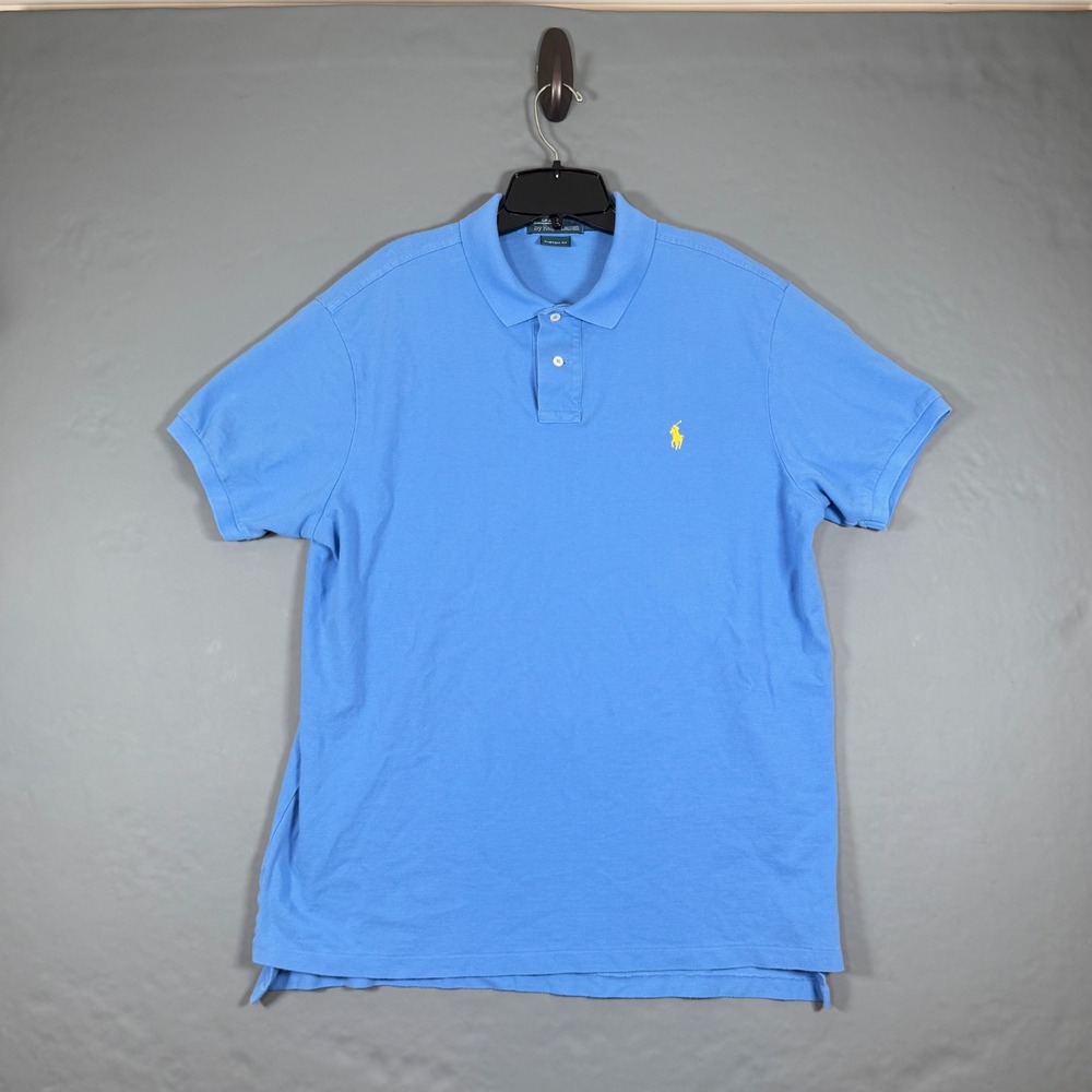 Polo Ralph Lauren Mens Polo Shirt XL Blue Yellow Logo Custom Fit Cotton